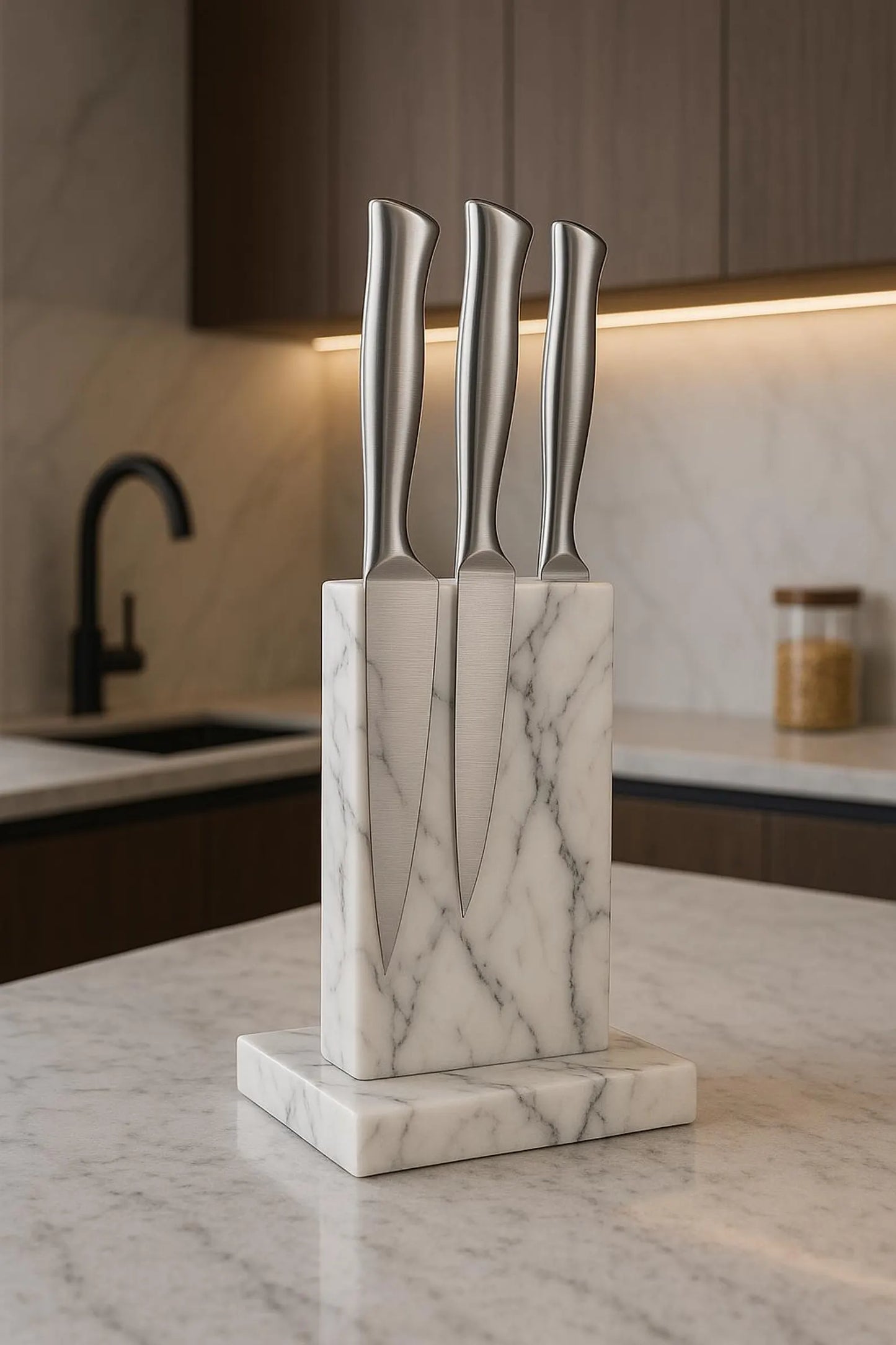 A magnetic knife stand made of marble